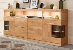 OTTO home Sideboard »RIBE20 Fronten massiv,Korpus Melamin, 2 Türen mit Glaseinsatz« B/T/H: 180/35/80cm, 3 offene Fächer und 6 geschlossene, Kernbuche