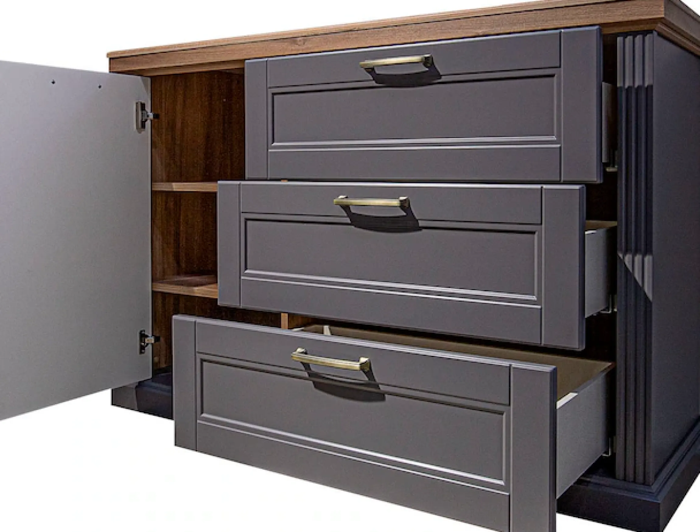 OTTO home Sideboard »Tara, Landhaus Kombikommode B/T/H: 138/48/91 cm, FSC®-zertifiziert« Soft-Close-Funktion, goldfarbene Metallgriffe, Innendekor Holzoptik,lackiert mit wasserbasiertem UV-Lack, unempfindlich und kratzfest