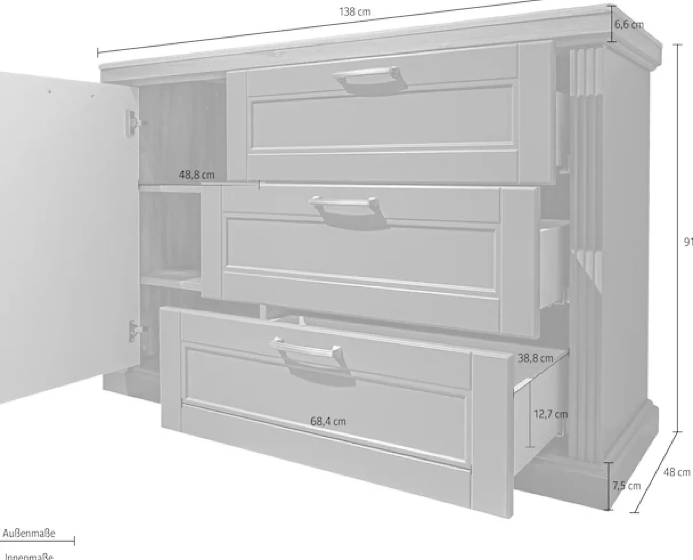 OTTO home Sideboard »Tara, Landhaus Kombikommode B/T/H: 138/48/91 cm, FSC®-zertifiziert« Soft-Close-Funktion, goldfarbene Metallgriffe, Innendekor Holzoptik,lackiert mit wasserbasiertem UV-Lack, unempfindlich und kratzfest