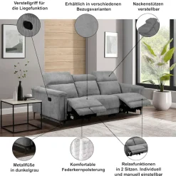 OTTO home 3-Sitzer »LUND Cord, B. 222cm, manuelle/elektrische Relaxfunktion in 2 Sitzen,« (links/rechts), USB-A bei elektrischer Ausführung, Kopfteilverstellung