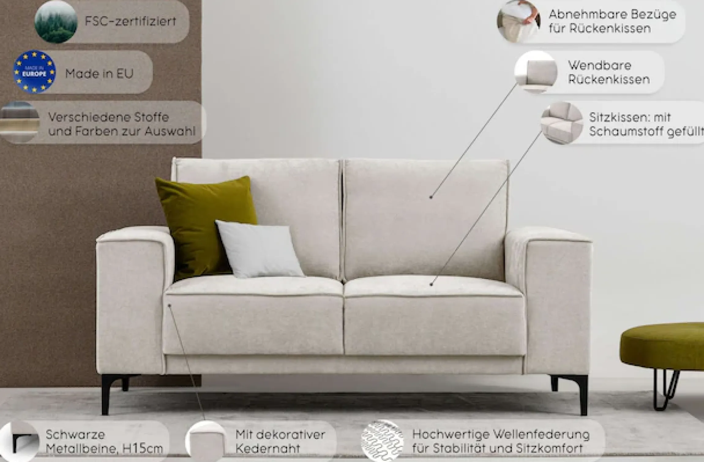 OTTO home 2-Sitzer »OLAND Cord, Sofa, B: 164 cm, Skandi-Design« 164 cm, Wellenunterfederung, Skandi-Design, Metallfüße