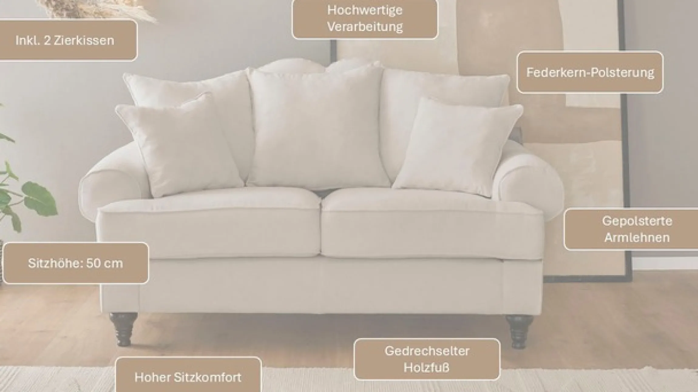 OTTO home 2-Sitzer »Westminster, Sofa im Landhausstil, Couch mit Zierkissen« Federkern-Polsterung, gedrechselter Fuß, hochwertiger Microfaserbezug