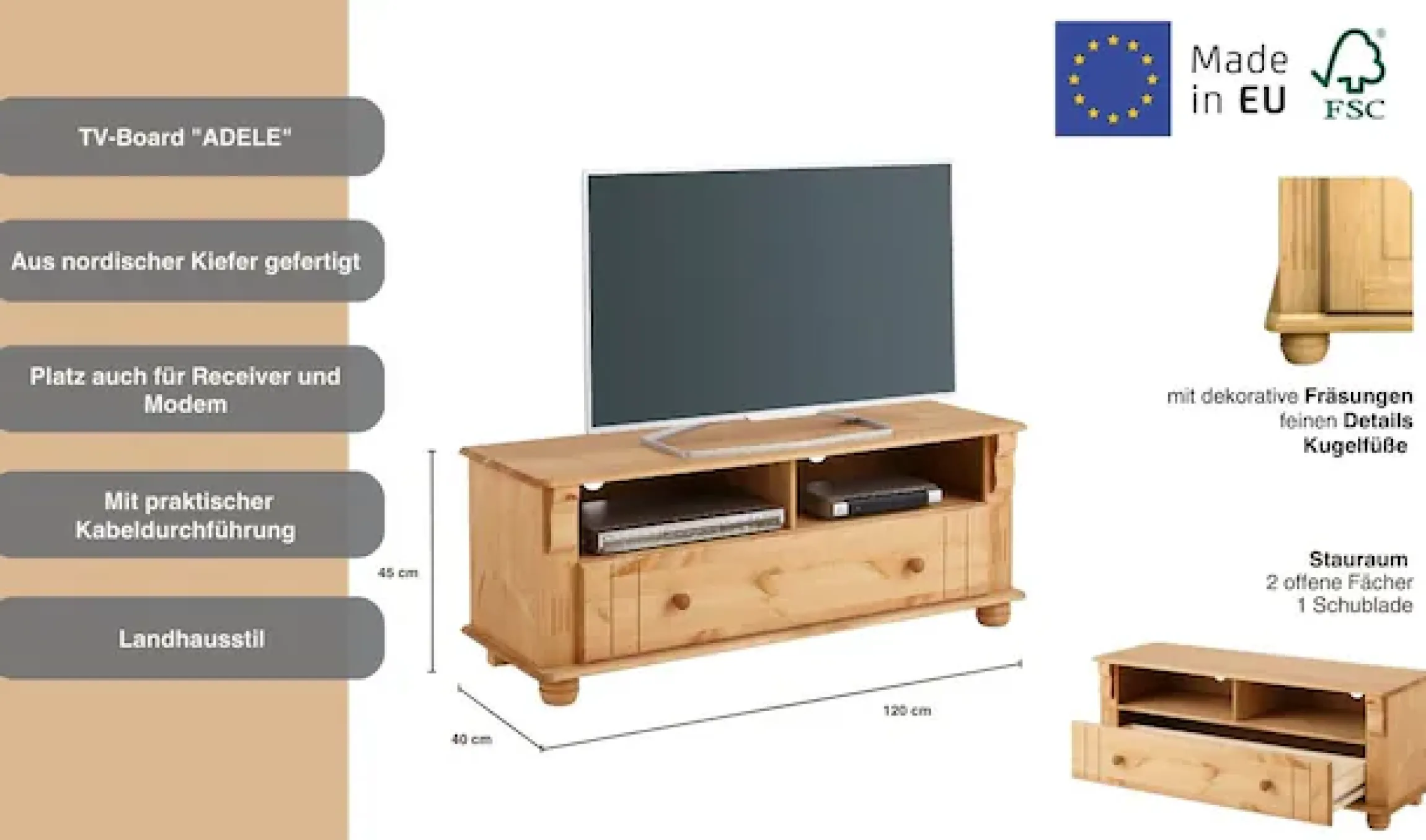 OTTO home TV-Board »Adele, Sideboard, Kommode« Breite 120 cm, mit Schublade, aus massiver Kiefer, FSC®