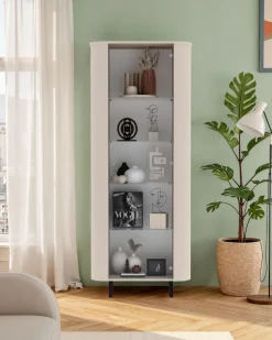 OTTO home Vitrine »Lido, Standvitrine 200 cm hoch, 1 Tür, Glasvitrine, Vitrinenschrank« Gebogenes MDF, Stirnseiten mit Rundung, Metallfüße, dekorativ & edel