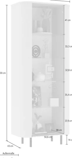 OTTO home Vitrine »Lido, Standvitrine 200 cm hoch, 1 Tür, Glasvitrine, Vitrinenschrank« Gebogenes MDF, Stirnseiten mit Rundung, Metallfüße, dekorativ & edel
