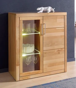 OTTO home Vitrine »LOGO75, Einlegeboden verstellbar,1Glastür,1Holztür,Wohnzimmer,Stauraum« B/T/H:90/40/100cm,Front massivholz,6 Fächer,Griffe silberfarben, geölt