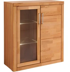 OTTO home Vitrine »LOGO75, Einlegeboden verstellbar,1Glastür,1Holztür,Wohnzimmer,Stauraum« B/T/H:90/40/100cm,Front massivholz,6 Fächer,Griffe silberfarben, geölt