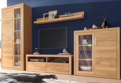 OTTO home Vitrine »LOGO75, Einlegeboden verstellbar,1Glastür,1Holztür,Wohnzimmer,Stauraum« B/T/H:90/40/100cm,Front massivholz,6 Fächer,Griffe silberfarben, geölt