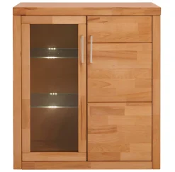 OTTO home Vitrine »LOGO75, Einlegeboden verstellbar,1Glastür,1Holztür,Wohnzimmer,Stauraum« B/T/H:90/40/100cm,Front massivholz,6 Fächer,Griffe silberfarben, geölt