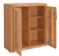 OTTO home Vitrine »LOGO75, Einlegeboden verstellbar,1Glastür,1Holztür,Wohnzimmer,Stauraum« B/T/H:90/40/100cm,Front massivholz,6 Fächer,Griffe silberfarben, geölt