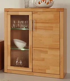 OTTO home Vitrine »LOGO75, Einlegeboden verstellbar,1Glastür,1Holztür,Wohnzimmer,Stauraum« B/T/H:90/40/100cm,Front massivholz,6 Fächer,Griffe silberfarben, geölt