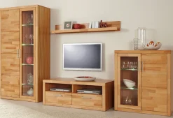 OTTO home Vitrine »LOGO75, Einlegeboden verstellbar,1Glastür,1Holztür,Wohnzimmer,Stauraum« B/T/H:90/40/100cm,Front massivholz,6 Fächer,Griffe silberfarben, geölt