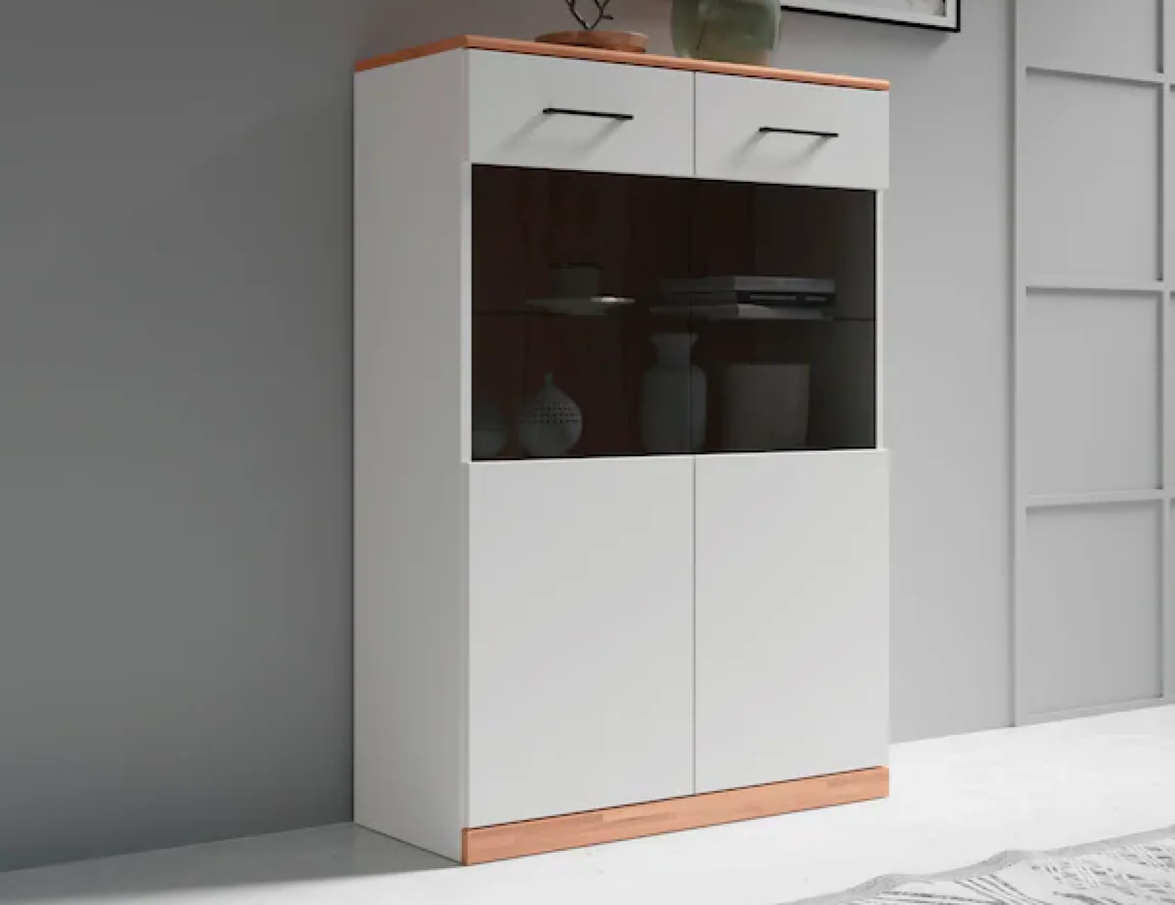 OTTO home Vitrine »Ribe, 125 cm hoch, Fronten Massivholz, 4 breite Fächer« Korpus Holzwerkstoff, 2Türen mit Glaseinsatz, einlegeboden verstellbar