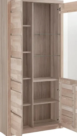 OTTO home Vitrine »SILBEKORG B/T/H: 90/35/190cm, Fronten & Leisten aus Massivholz« 10 Fächer, variable Einlegeboden aus Glas&Melamin, Korpus aus Melamin