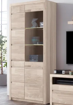 OTTO home Vitrine »SILBEKORG B/T/H: 90/35/190cm, Fronten & Leisten aus Massivholz« 10 Fächer, variable Einlegeboden aus Glas&Melamin, Korpus aus Melamin