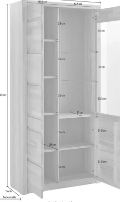 OTTO home Vitrine »SILBEKORG B/T/H: 90/35/190cm, Fronten & Leisten aus Massivholz« 10 Fächer, variable Einlegeboden aus Glas&Melamin, Korpus aus Melamin