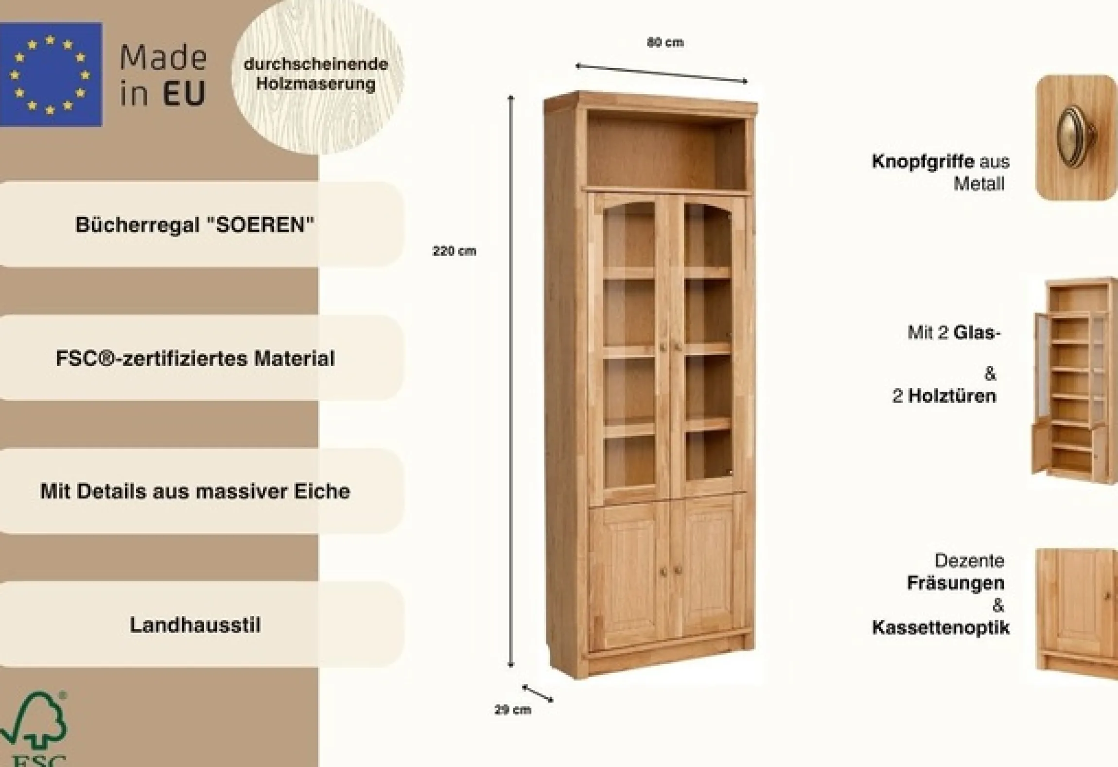 OTTO home Vitrine »Soeren Bücherregal mit Eiche-Elementen B/T/H: 80/29/220 cm« mit Glas-/Holztüren