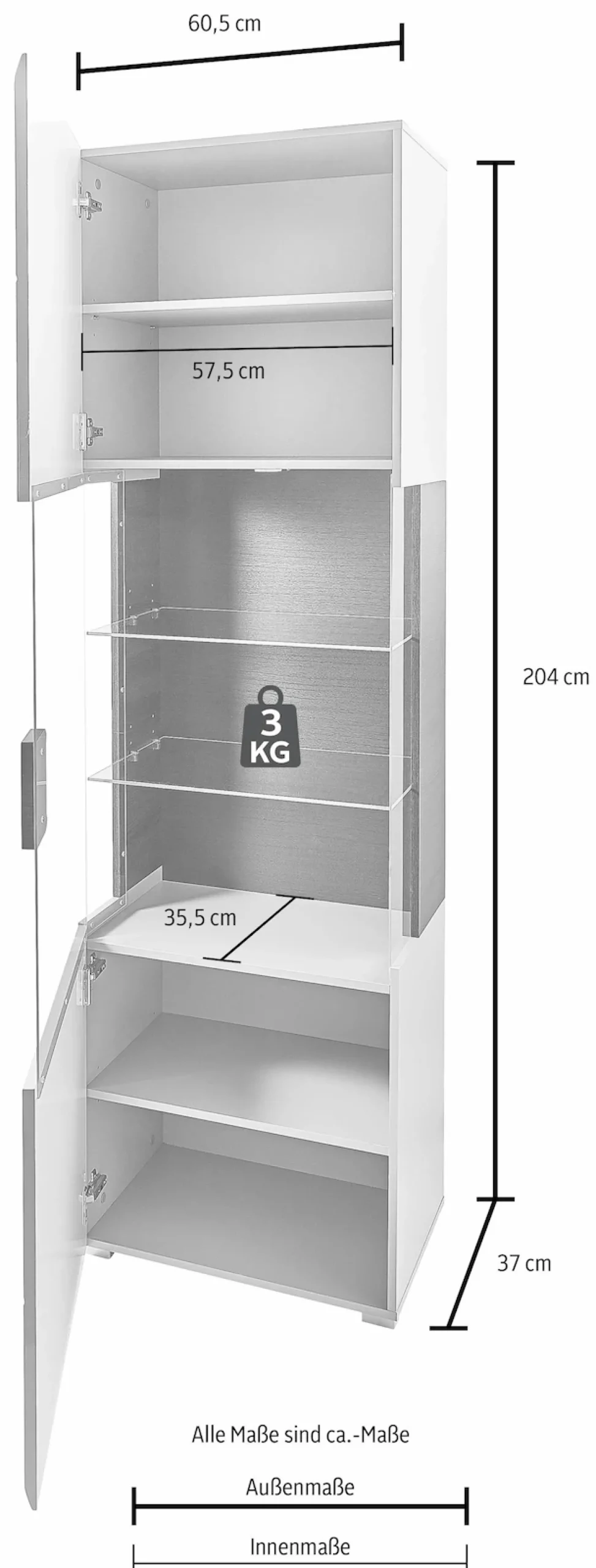 OTTO home Vitrine »Toledo,Höhe 204 cm trendige Glasvitrine mit dekorative Fräsungen« Standvitrine ohne Beleuchtung, viel Stauraum, hochglanz Front MDF
