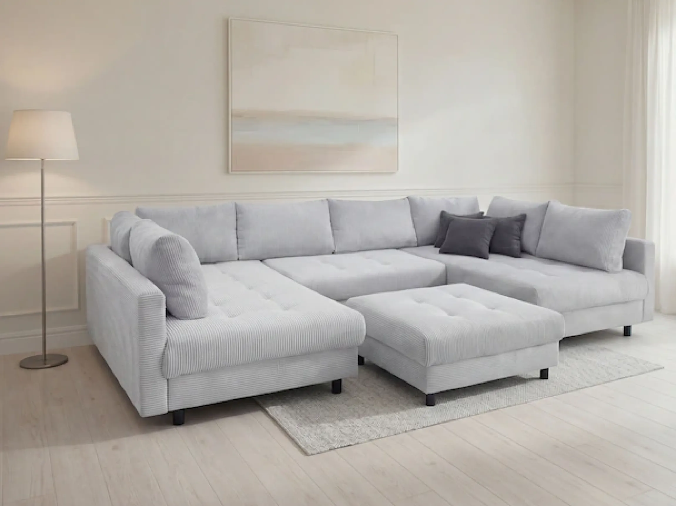 OTTO home Wohnlandschaft »Antonia U-Form, B: 298 cm, inkl. Hocker, Federkernpolsterung« extra große Liegefläche, 282x178cm, inkl. 3 Zierkissen