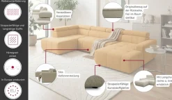 OTTO home Wohnlandschaft »Ballerup 359 x 228 cm, auch mit verstellbarer Sitztiefe« Kopfteile verstellbar, aus pflegeleichtem, weichem Bezugsstoff, U-Form