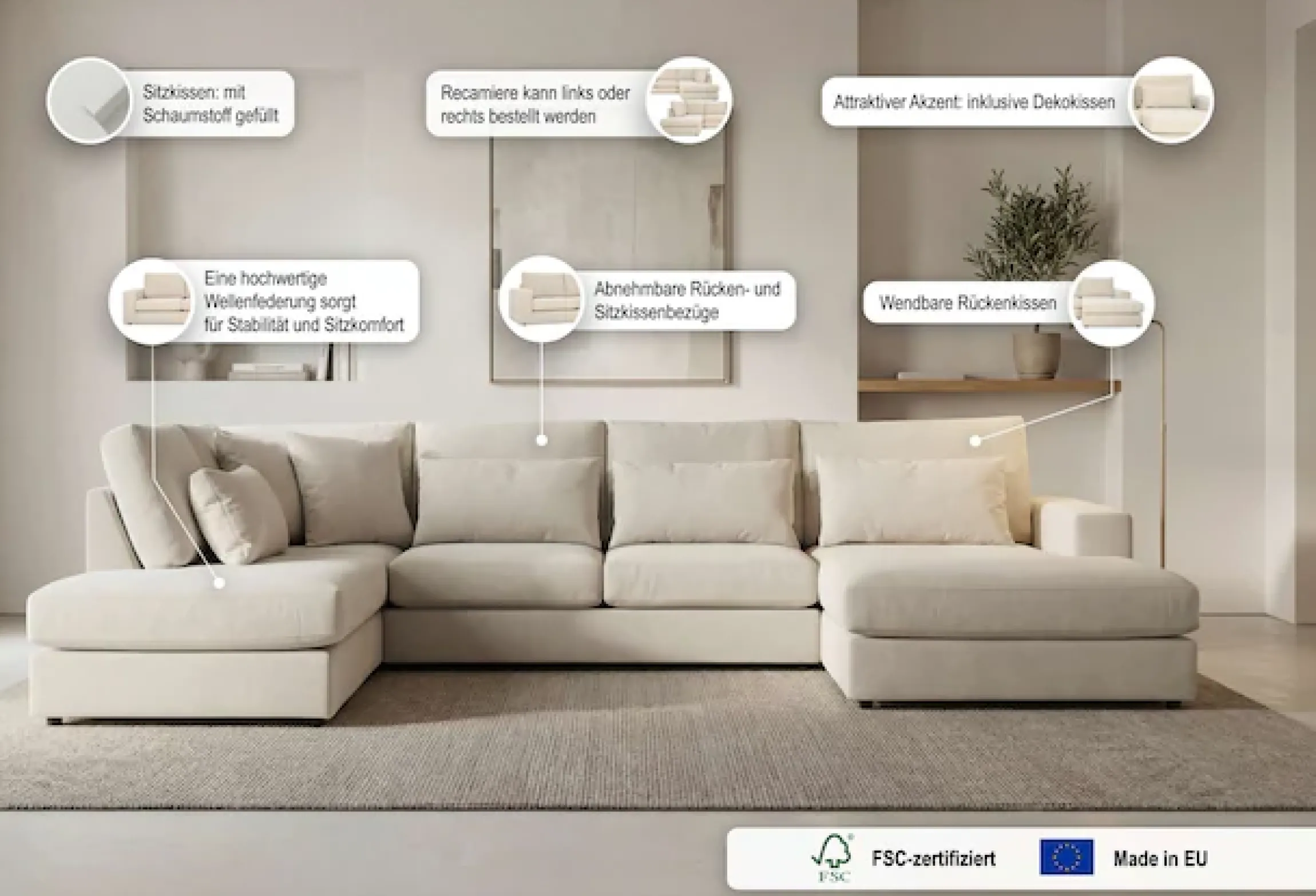OTTO home Wohnlandschaft »Nivette, weiches Chenille« Breite 386 cm, U-Form, bodentief, 6 Zierkissen inkl.