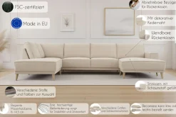 OTTO home Wohnlandschaft »Oland Skandi, weicher Chenille-Stoff« U-Form, 345 cm, Wellenunterfederung, Skandi-Design, Massivholzfüße
