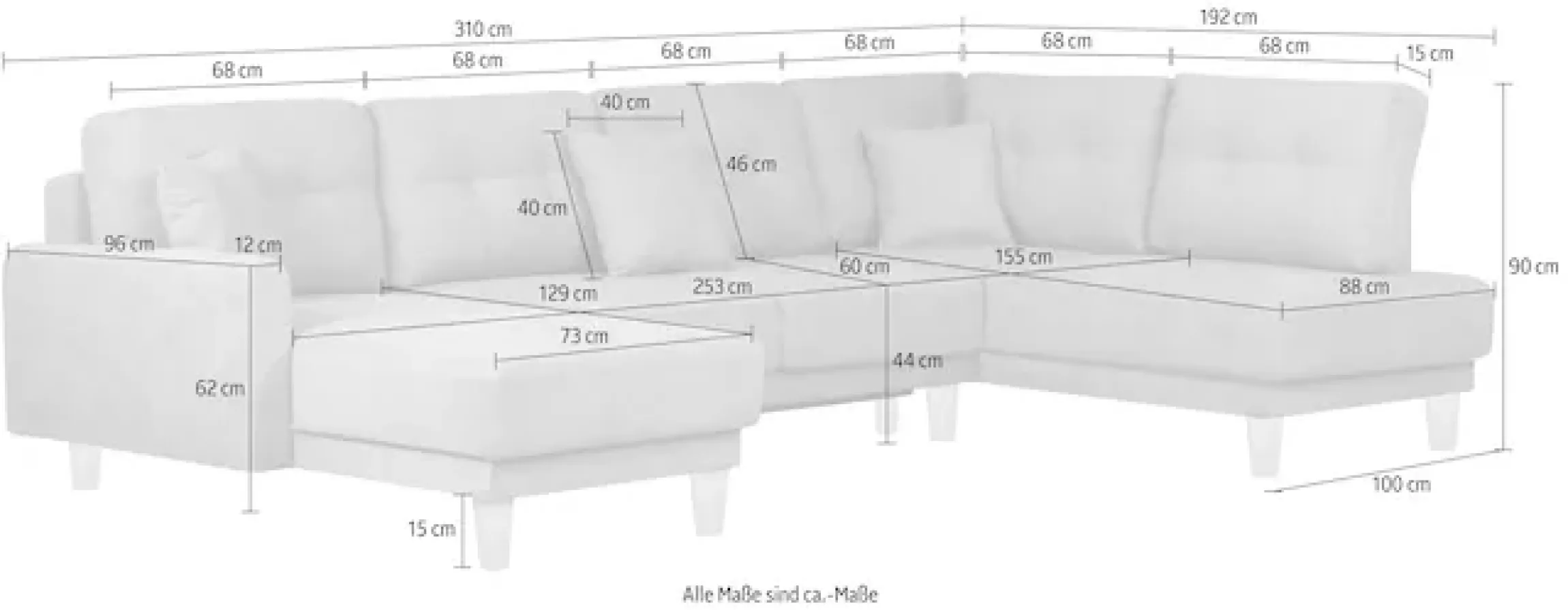 OTTO home Wohnlandschaft »TRIPLO U-Form wahlweise mit Schlaffunktion, B/T/H: 310/192/90 cm« Schlafsofa, auch mit Bettkasten, Steppung im Rückenkissen