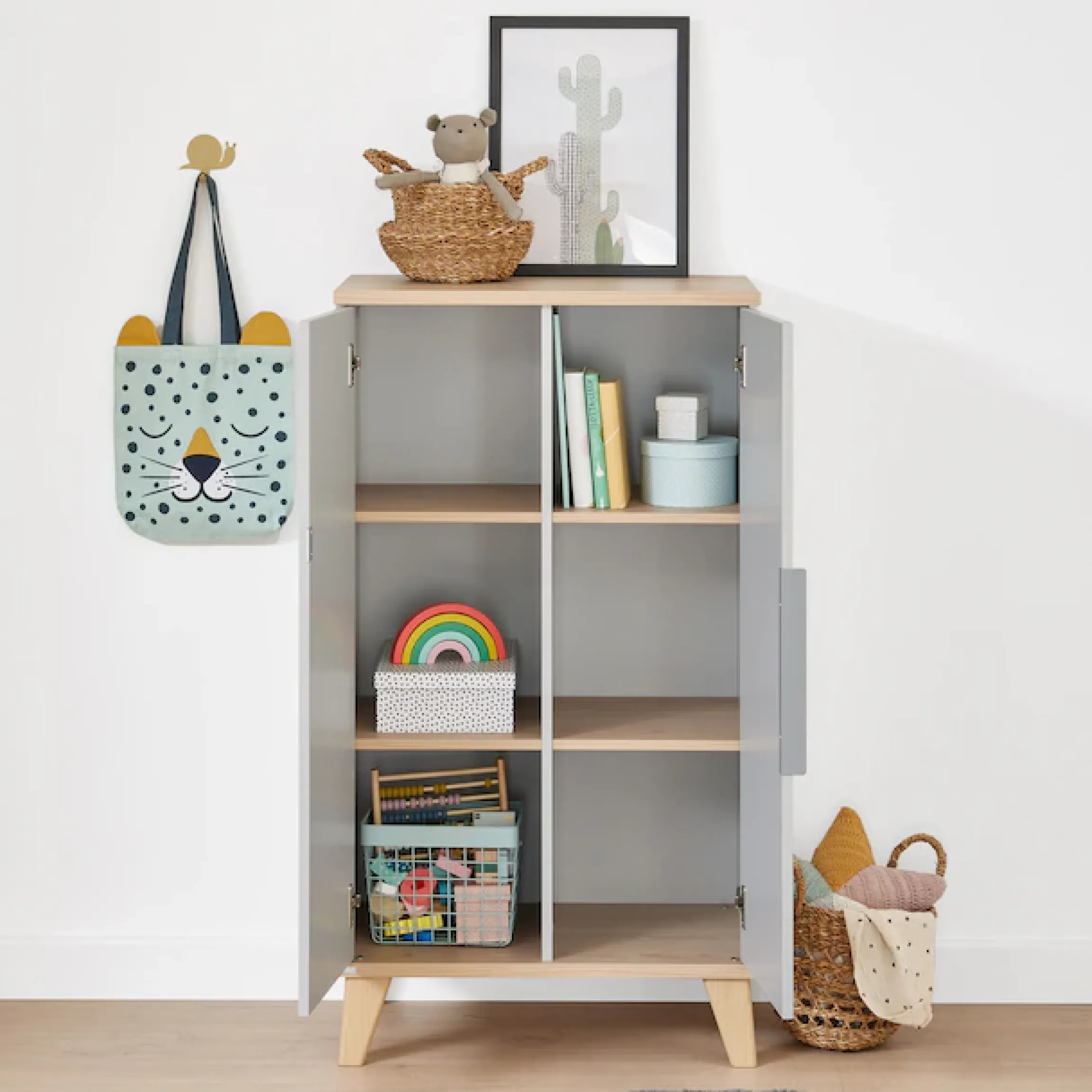 PAIDI Standregal »FIENE in Grau, 2 Türen mit Soft-Close, 6 Fächer« stabiles und langlebiges Regal aus Holz, geprüfte Qualität