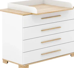 PAIDI Wickelkommode »YOLANDA in Weiß mit Eiche-Dekor, inkl. Wickelaufsatz, Spar-Set« bis 50 kg 4 Schubladen mit Soft-Close, 127 cm Breite, hochwertiger Wickeltisch 127 cm