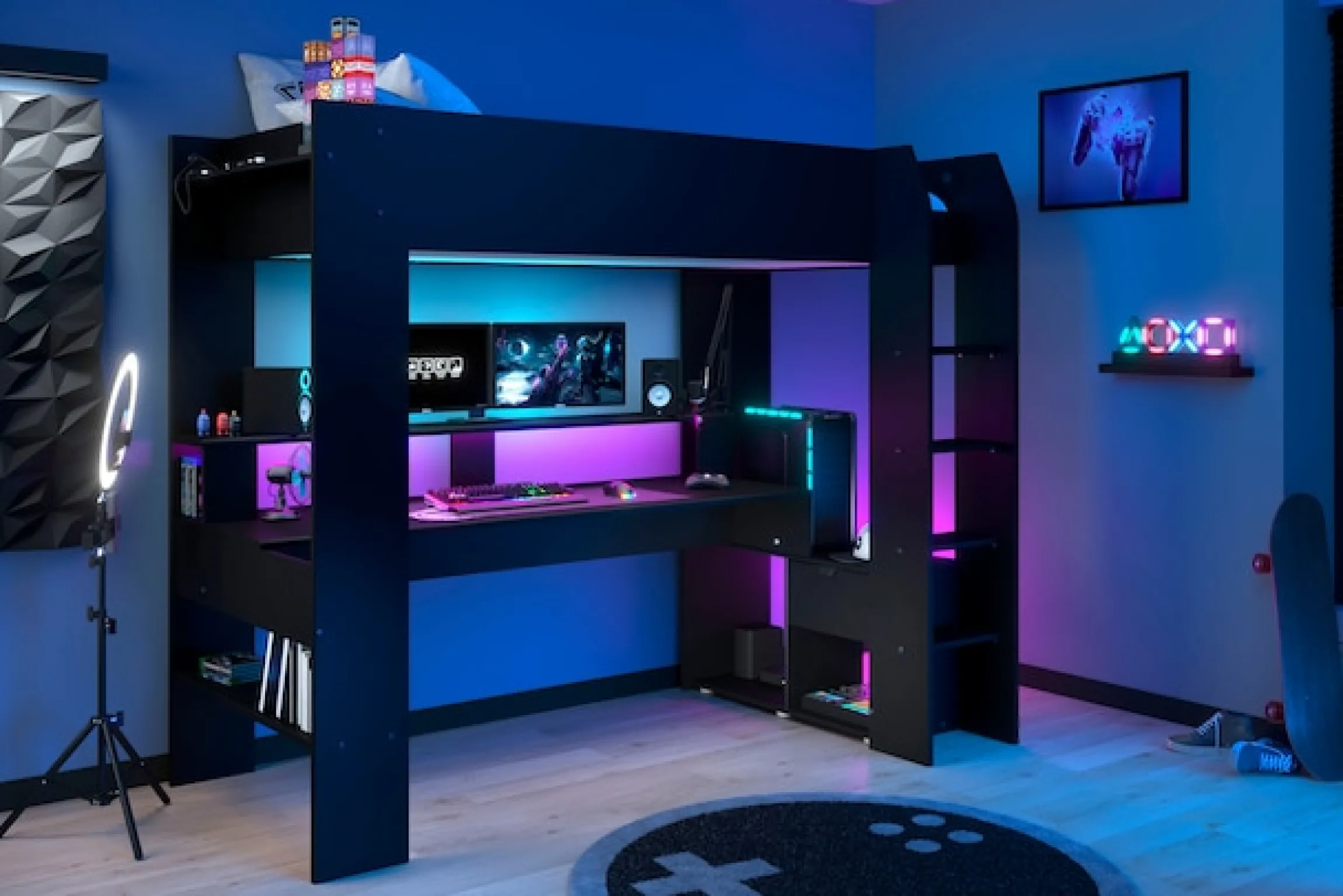 Parisot Hochbett »Gaming-Bett, mit Schreibtisch, USB Anschluss, LED, viel Stauraum« ideal für kleine Räume, TOPSELLER!