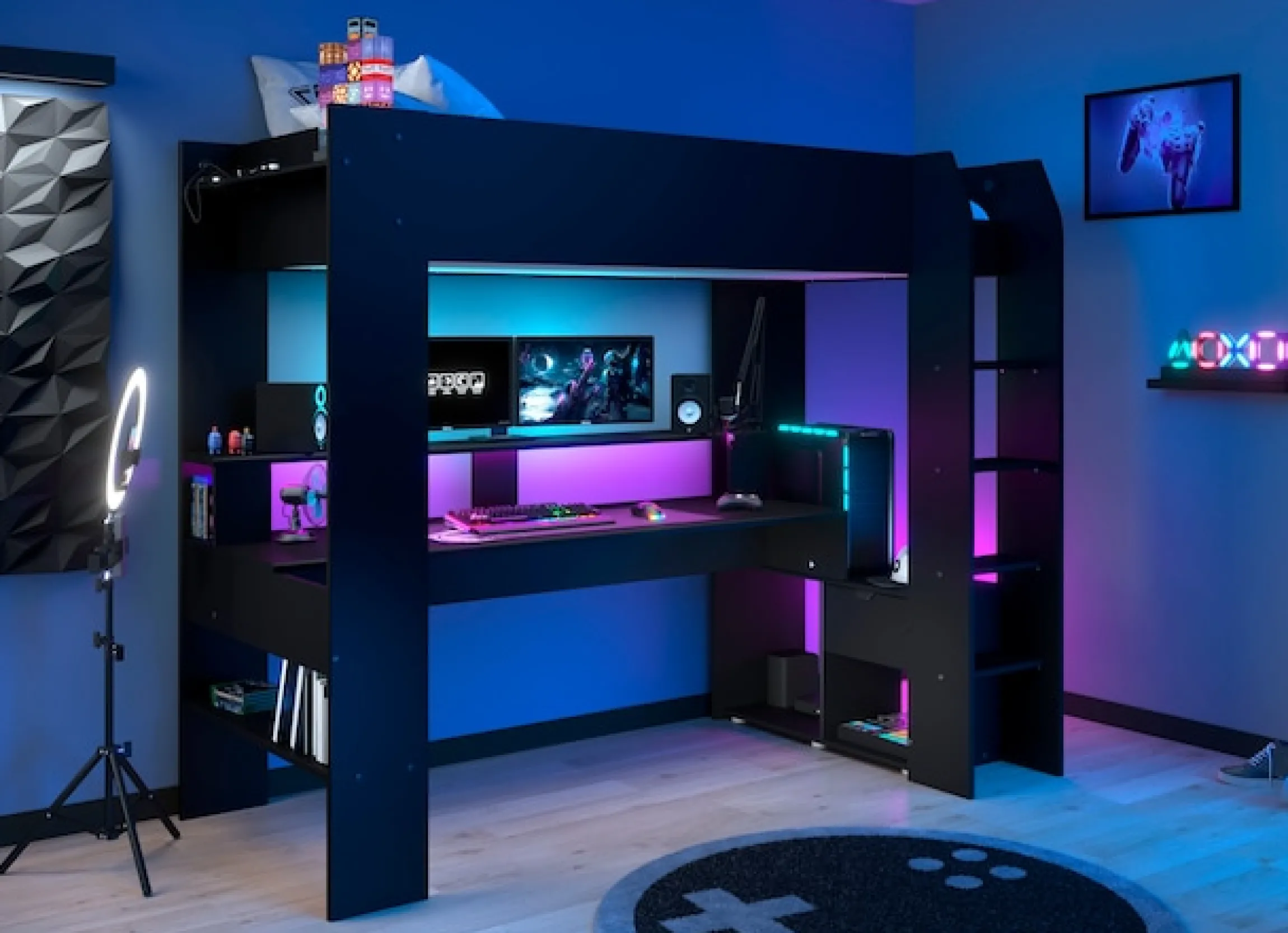 Parisot Hochbett »Gaming-Bett, mit Schreibtisch, USB Anschluss, LED, viel Stauraum« ideal für kleine Räume, TOPSELLER!