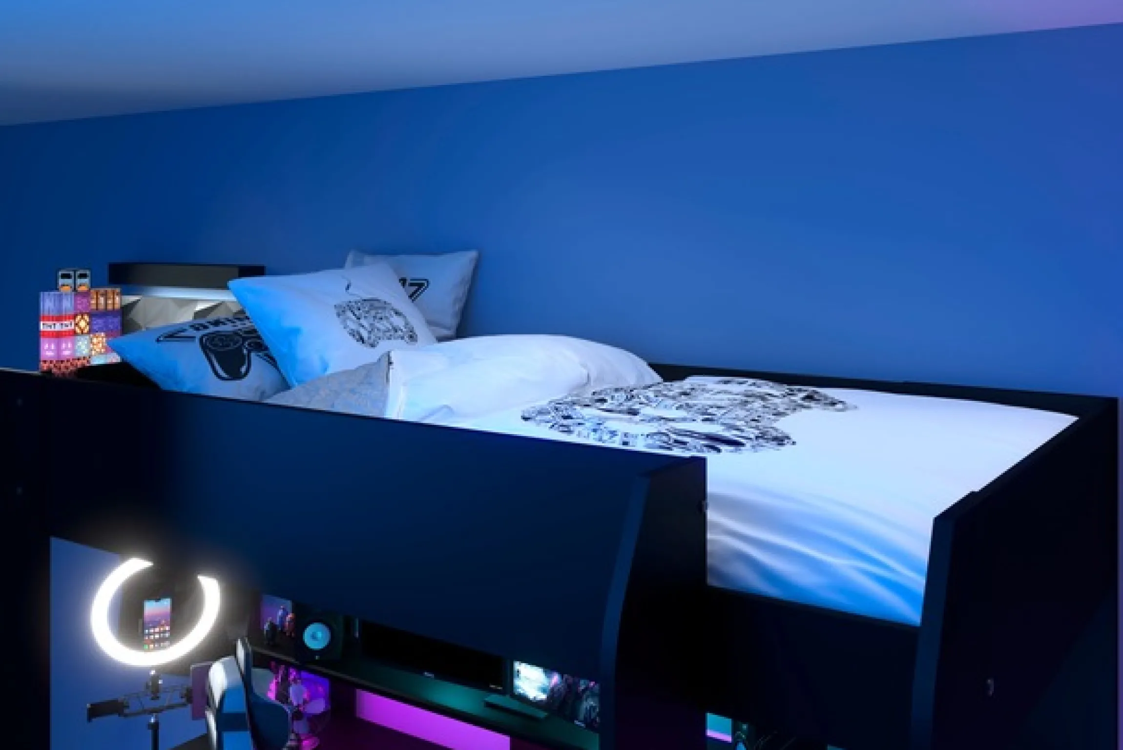 Parisot Hochbett »Gaming-Bett, mit Schreibtisch, USB Anschluss, LED, viel Stauraum« ideal für kleine Räume, TOPSELLER!
