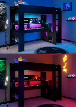 Parisot Hochbett »Gaming-Bett, mit Schreibtisch, USB Anschluss, LED, viel Stauraum« ideal für kleine Räume, TOPSELLER!