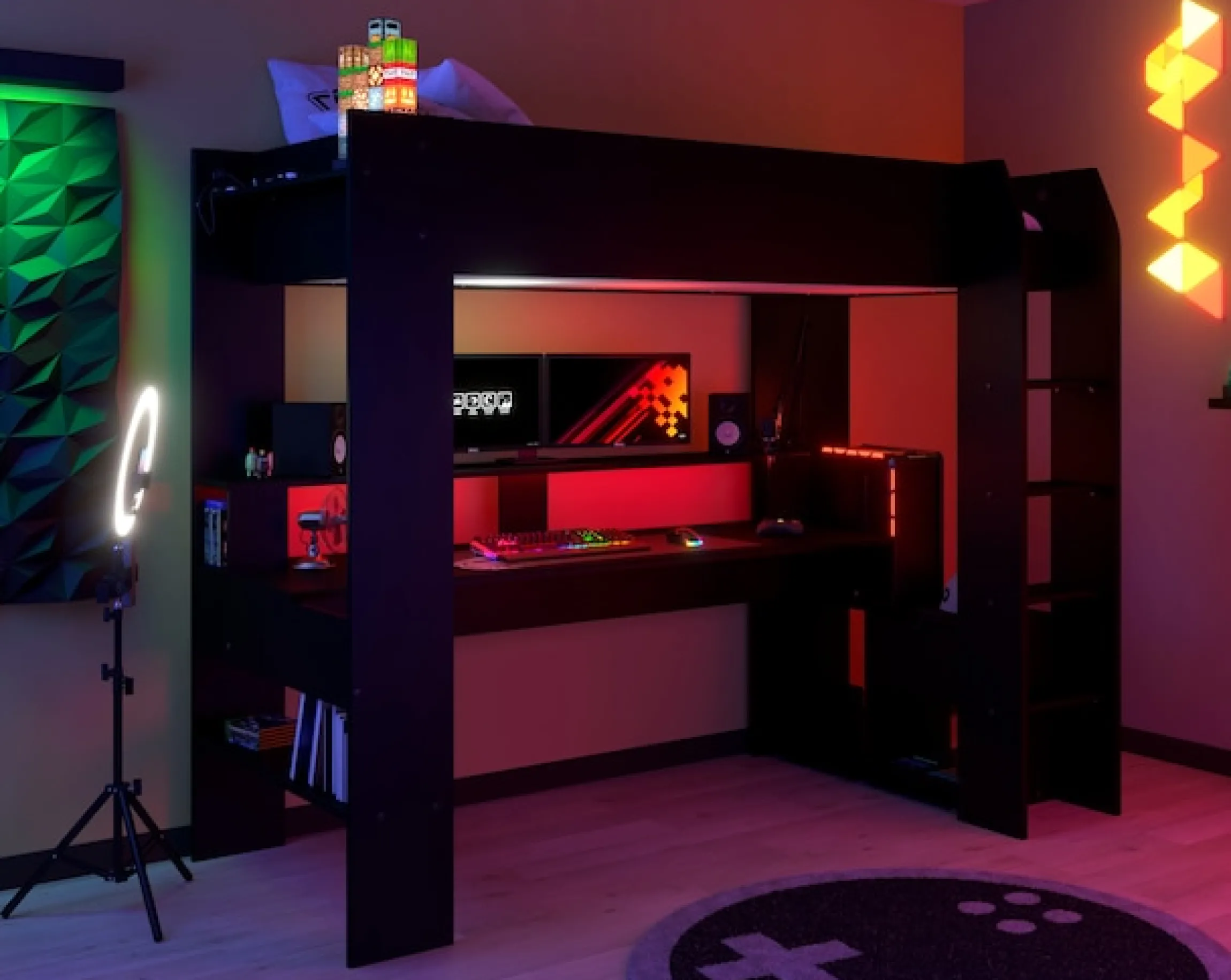 Parisot Hochbett »Gaming-Bett, mit Schreibtisch, USB Anschluss, LED, viel Stauraum« ideal für kleine Räume, TOPSELLER!