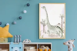 queence Bild mit Rahmen »Dino und Vulkan« Baum | Baumbilder | Bäume | Dinosaurier | Landschaft | Tiere 1 Stk. tlg. HD Premium Posterdruck mit Echtholzrahmen