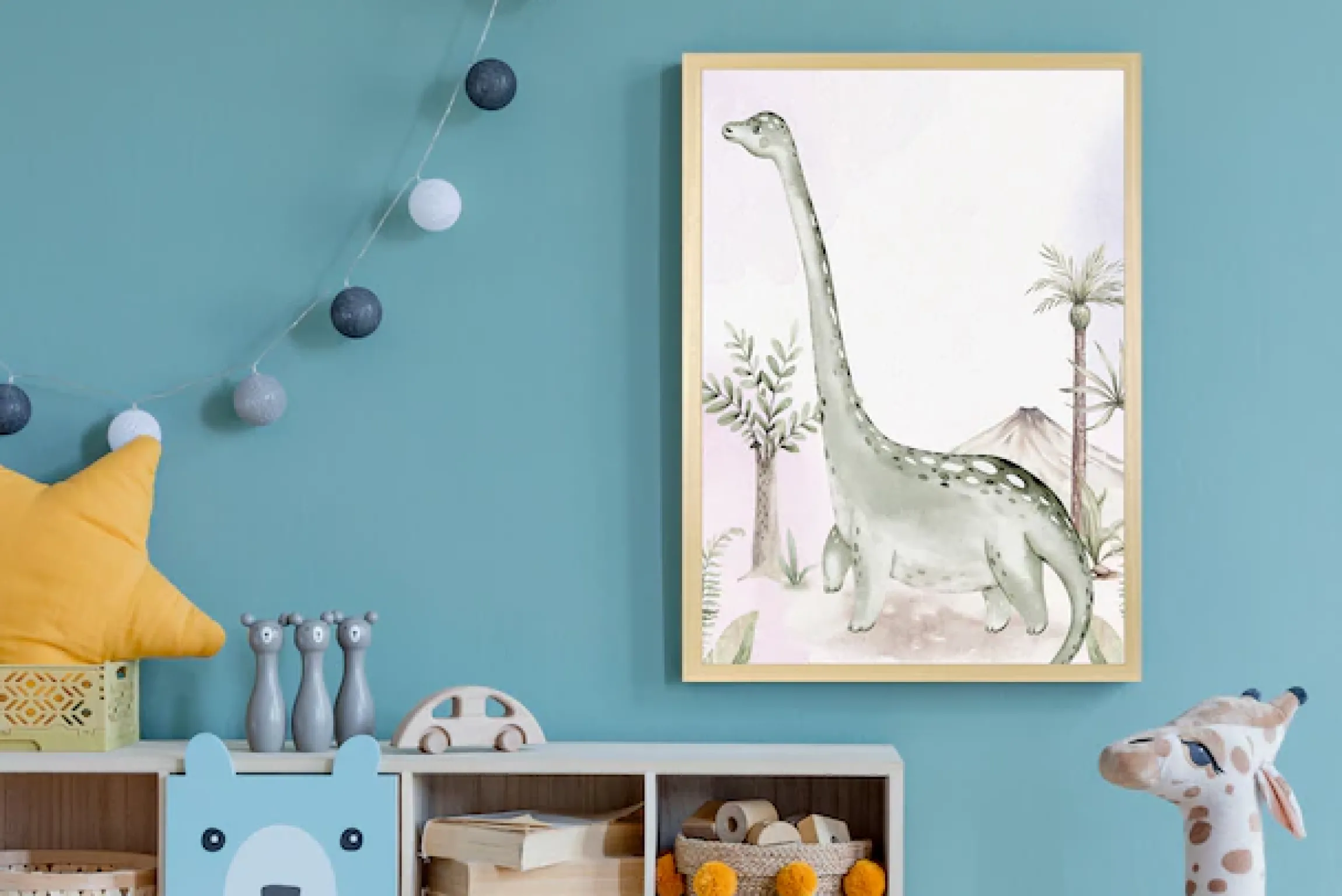 queence Bild mit Rahmen »Dino und Vulkan« Baum | Baumbilder | Bäume | Dinosaurier | Landschaft | Tiere 1 Stk. tlg. HD Premium Posterdruck mit Echtholzrahmen