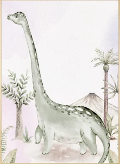 queence Bild mit Rahmen »Dino und Vulkan« Baum | Baumbilder | Bäume | Dinosaurier | Landschaft | Tiere 1 Stk. tlg. HD Premium Posterdruck mit Echtholzrahmen