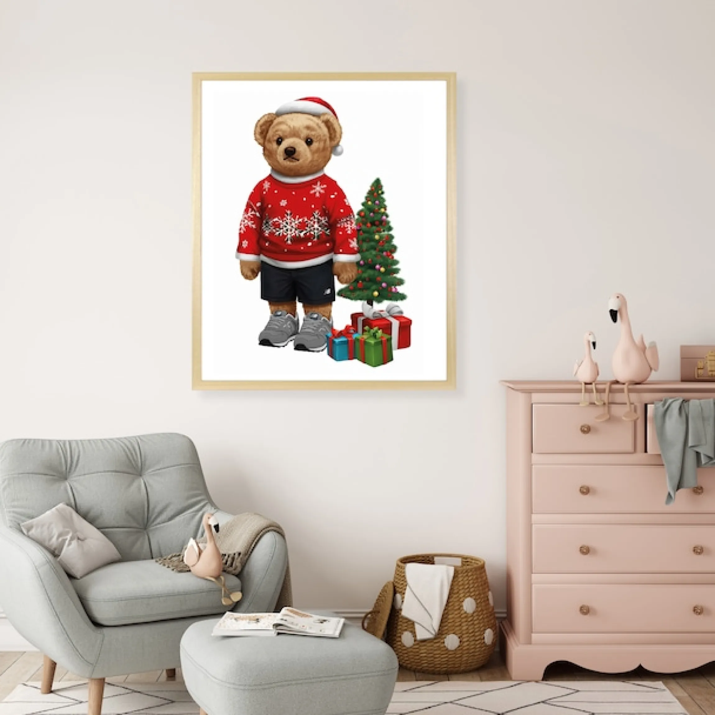 queence Bild mit Rahmen »Teddy Bär mit Weihnachtsmütze und Geschenken« Bär | Bären | Fashion | Figuren | Mode | Modebilder HD Premium Poster-Druck inkl. Echtholzrahmen in beige