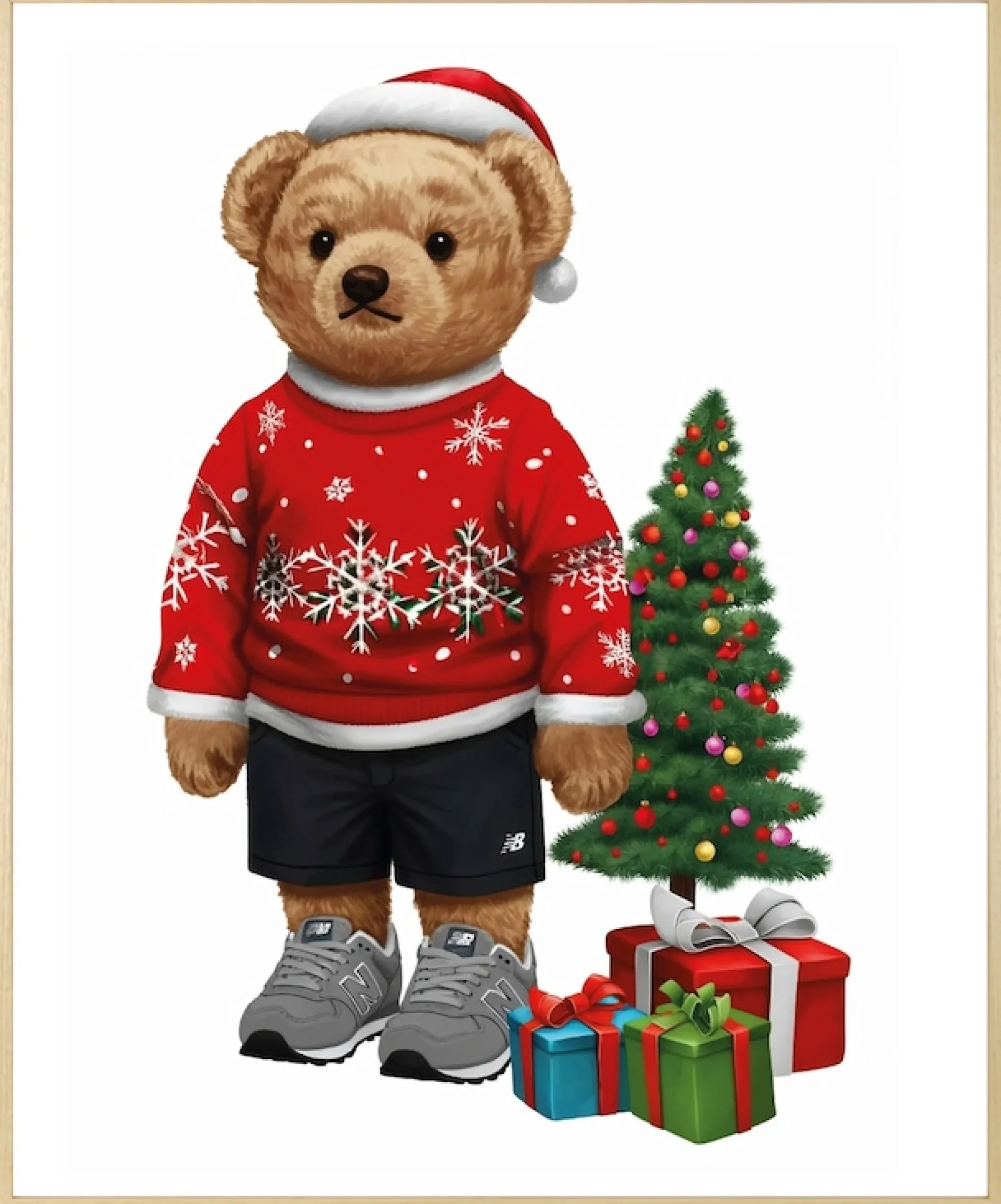 queence Bild mit Rahmen »Teddy Bär mit Weihnachtsmütze und Geschenken« Bär | Bären | Fashion | Figuren | Mode | Modebilder HD Premium Poster-Druck inkl. Echtholzrahmen in beige