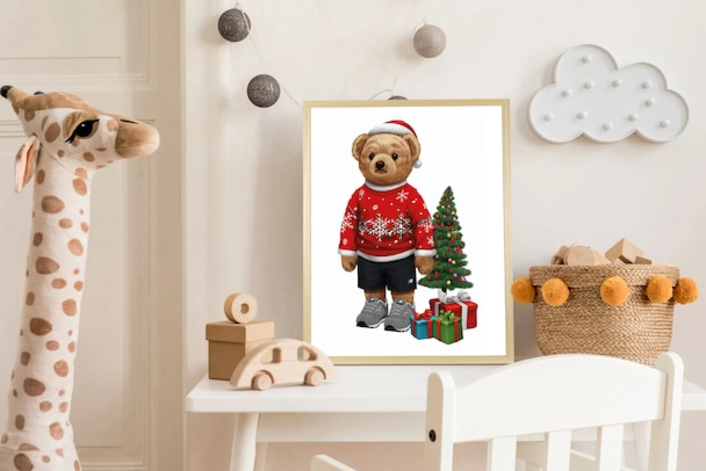 queence Bild mit Rahmen »Teddy Bär mit Weihnachtsmütze und Geschenken« Bär | Bären | Fashion | Figuren | Mode | Modebilder HD Premium Poster-Druck inkl. Echtholzrahmen in beige