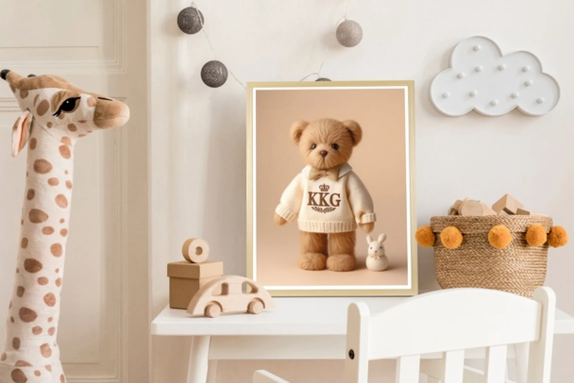 queence Bild mit Rahmen »Vintage Polo Teddy Bär Mädchen mit Schleife« Bär | Bären | Fashion | Figuren | Mode | Modebilder HD Premium Poster-Druck inkl. Echtholzrahmen in beige