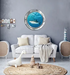 queence Wandsticker »3D Bullauge Illusion Unterwasserwelt Haifisch 40x40 cm« Selbstklebender Wanddurchbruch Unterwasser