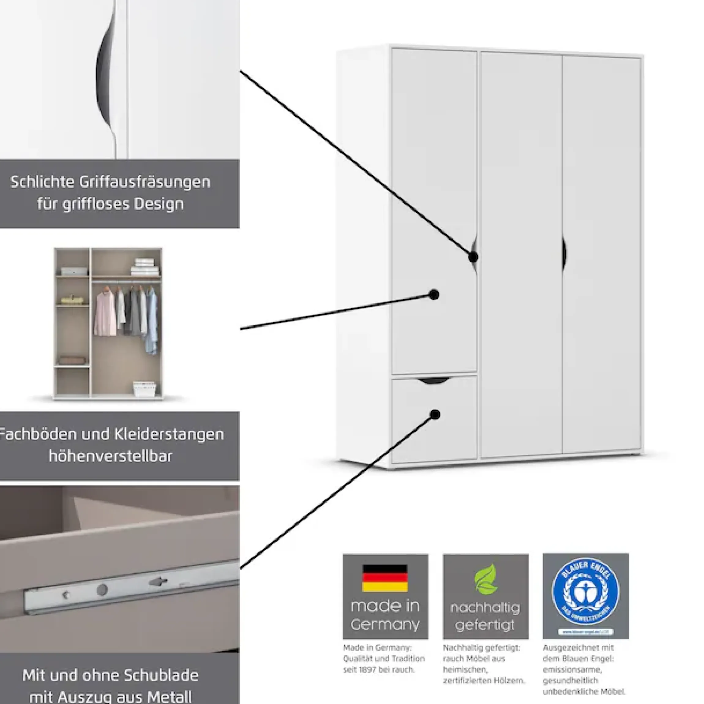 rauch Drehtürenschrank »Kleiderschrank Schrank Garderobe Wäscheschrank NARAI mit Schubladen« in 3 verschiedenen Ausstattungen BASIC/CLASSIC/PREMIUM,Griffausfräsungen für eine grifflose Optik TOPSELLER MADE IN GERMANY