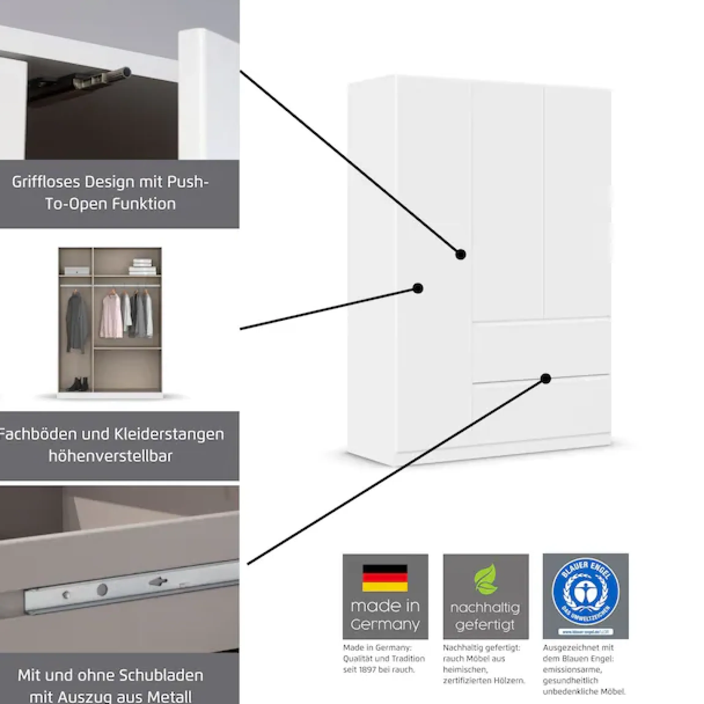 rauch Drehtürenschrank »Kleiderschrank Schrank Garderobe COSTA in den Breiten 91/136/181 cm« in 3 Ausstattungen BASIC/CLASSIC/PREMIUM,mit Spiegel, grifflose Front und Push-to-Open Funktion MADE IN GERMANY