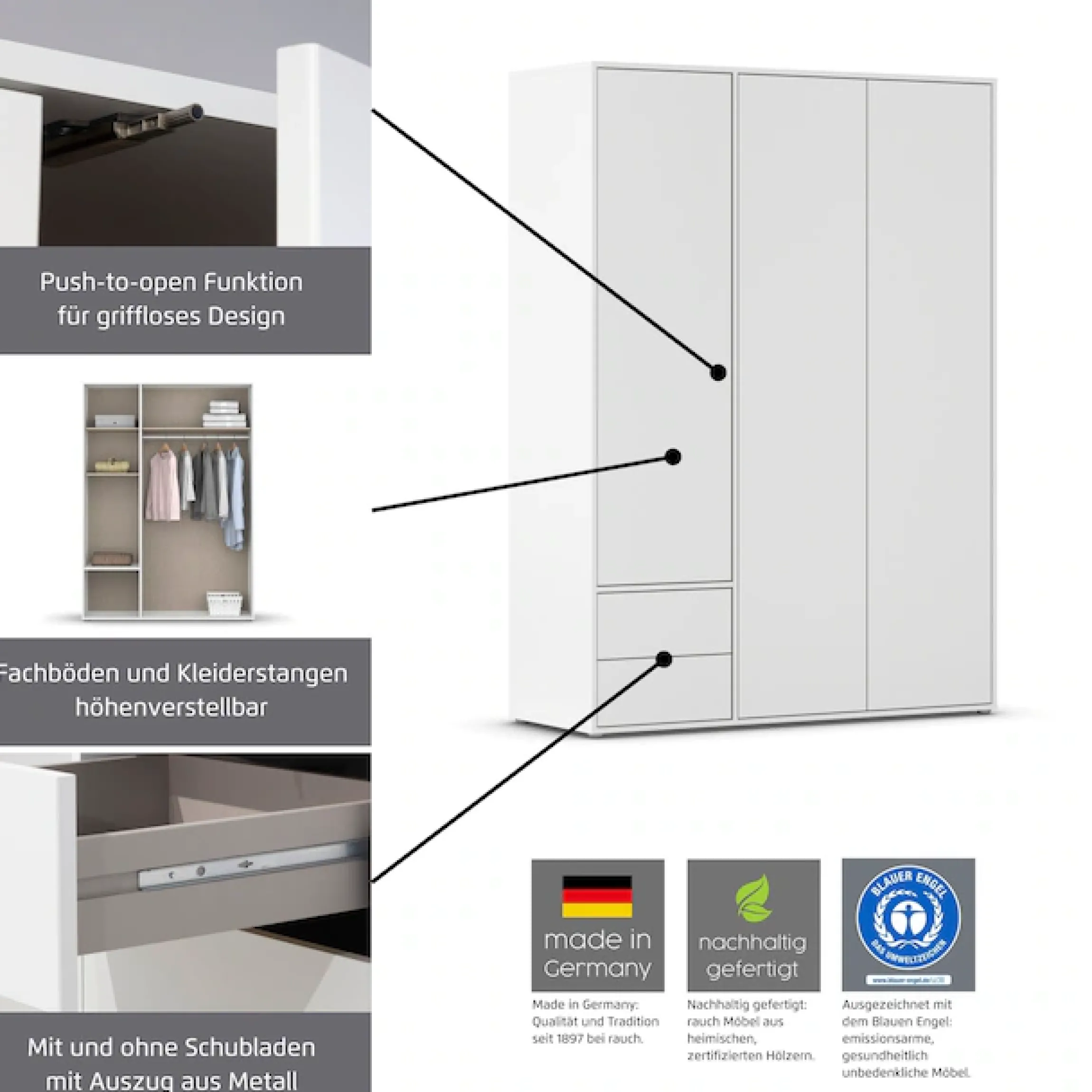 rauch Drehtürenschrank »Kleiderschrank Schrank Garderobe Wäscheschrank NABILA viel Stauraum« in 3 verschiedenen Ausstattungen BASIC/CLASSIC/PREMIUM,in 2 Breiten mit Push-to-Open Funktion TOPSELLER MADE IN GERMANY