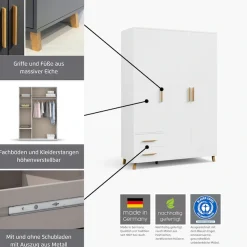 rauch Drehtürenschrank »Kleiderschrank Schrank Garderobe SHINJO Breiten 93/140/187 cm« in 3 verschiedenen Ausstattungen BASIC/CLASSIC/PREMIUM,Griffe und Füße aus Massivholz, viel Stauraum MADE IN GERMANY