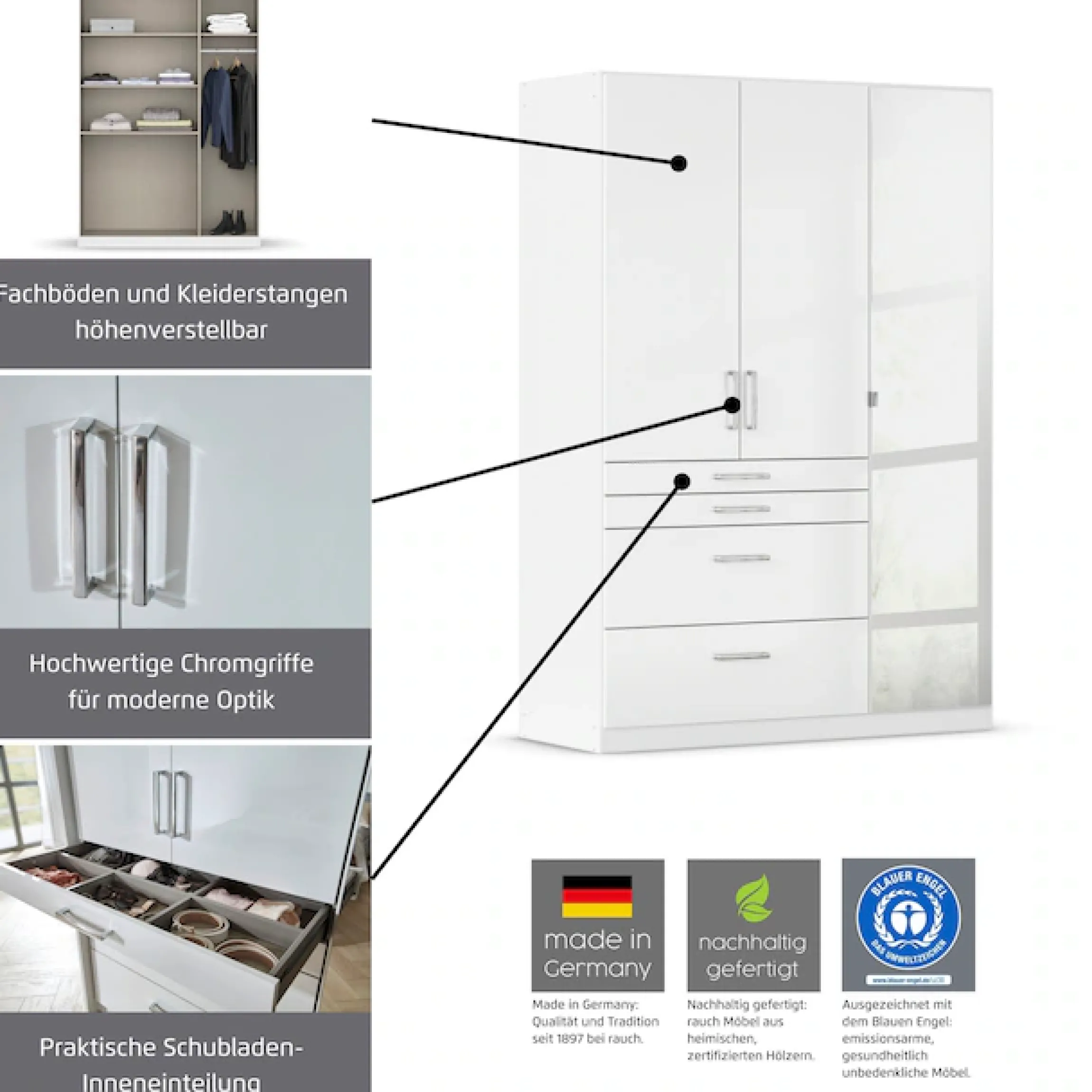 rauch Drehtürenschrank »Kleiderschrank Schrank Garderobe GarderobenschrankHOMBURG« mit Spiegel, oberer Schubkasten mit Einteilung MADE IN GERMANY