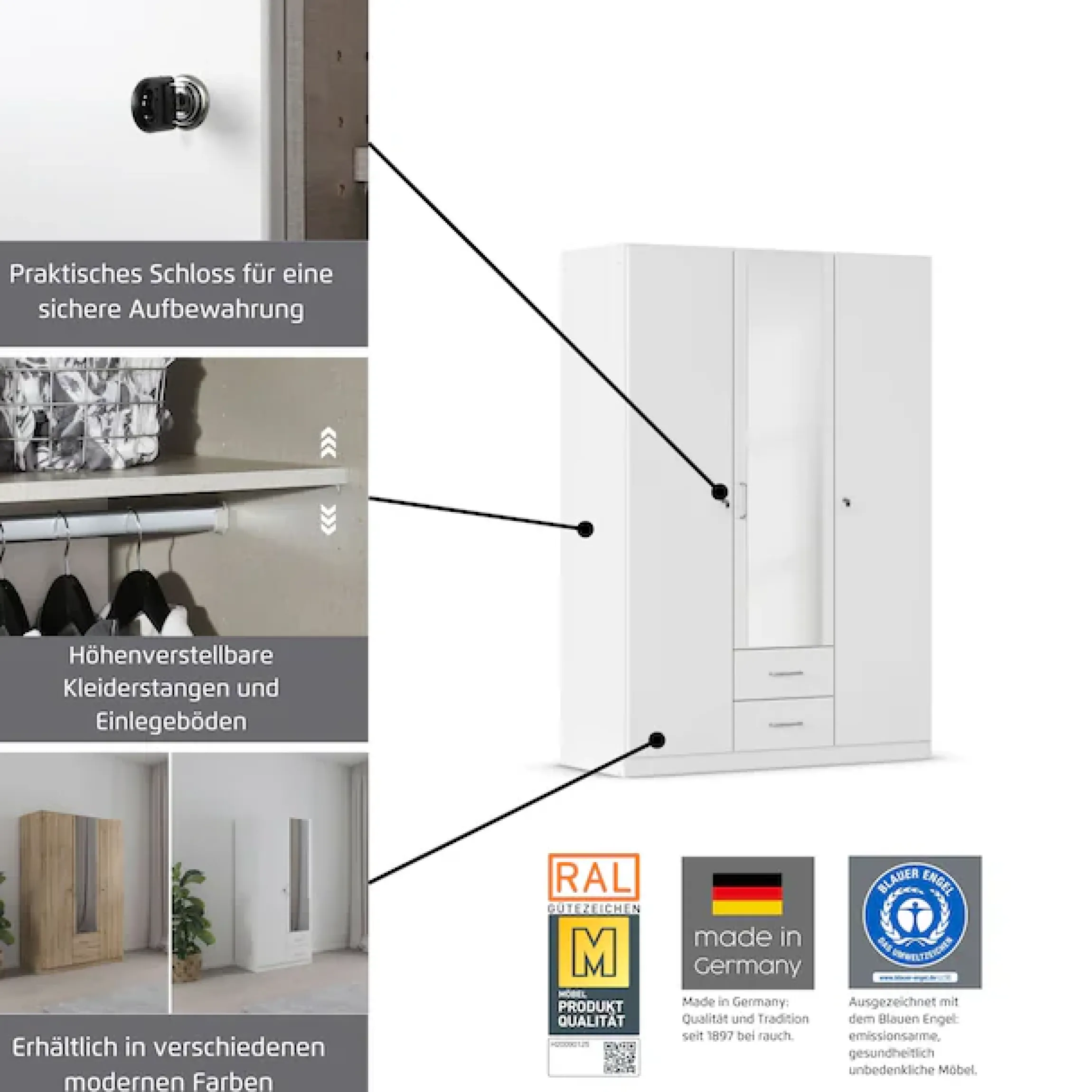 rauch Kleiderschrank »Schrank Garderobe Garderobenschrank Putzschrank Wäscheschrank BERGHEIM« Breiten 91/136/181 cm, Höhe 197 cm,2 Außenschubladen, Tür/en abschließbar je 2 Schlüssel MADE IN GERMANY