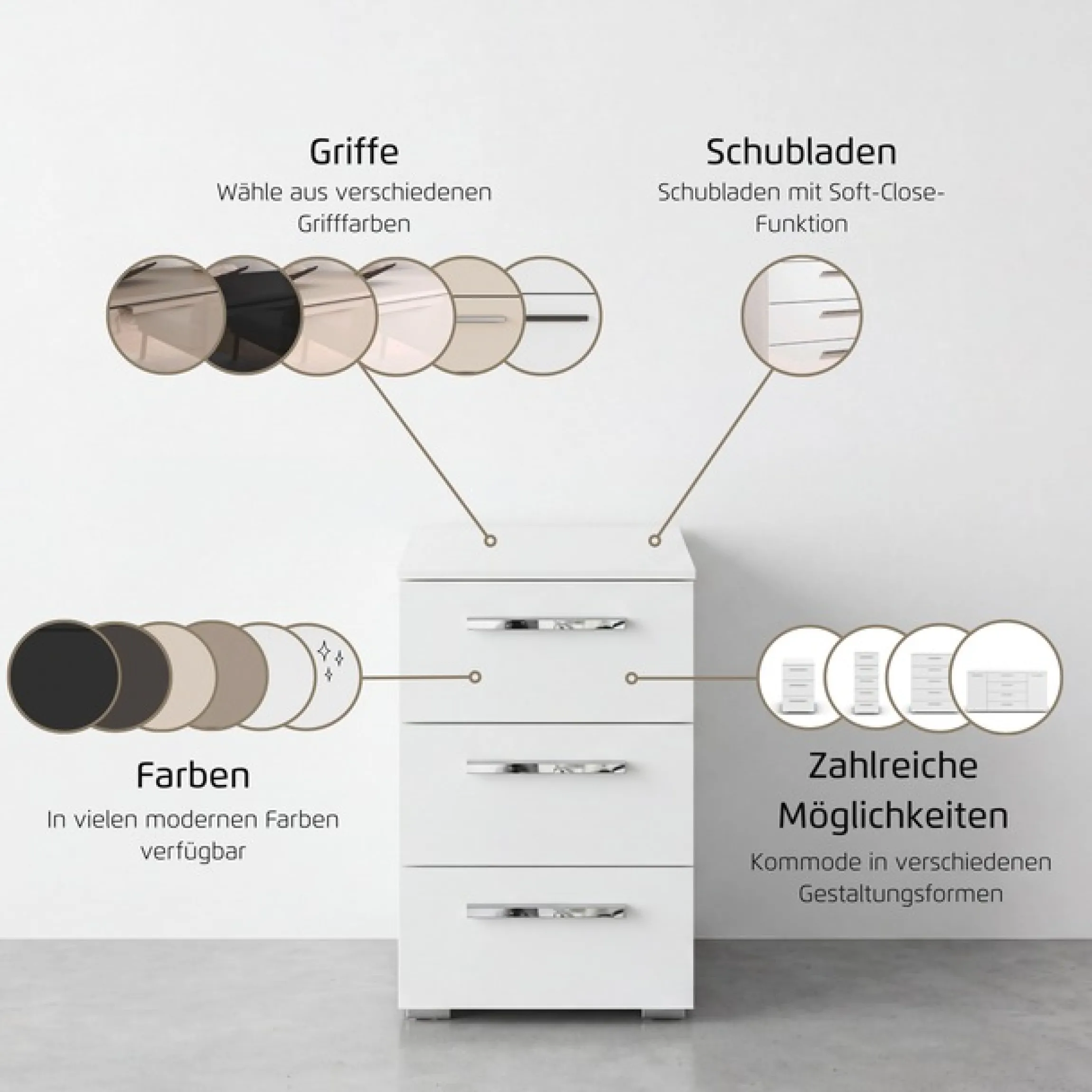 rauch Nachtkommode »Nachttisch Nachtkonsole MONTCLAR Frontauswahl Dekor/Hochglanz/Glas« Breite 40 cm / Höhe 61 cm, inkl. Soft-Close-Funktion,mit 3 geräumigen Schubladen, viele Griffvarianten MADE IN GERMANY