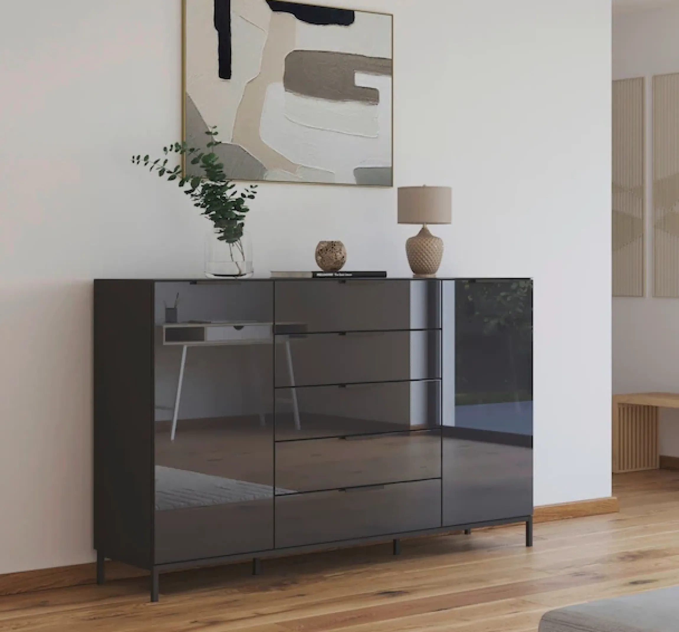 rauch Schubkastenkommode »Kommode Türkommode Sideboard Kombikommode FLIPP mit Glasfront« Breite 160/180 cm mit 4 Einlegeböden,2-türig, 5 Schubladen, Soft-Close, Oberboden und Front Glas, 2 Breiten